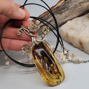 Genuine Amber Stone Large Nugget natural Leather/Silver Pendant Amber Jewelry
